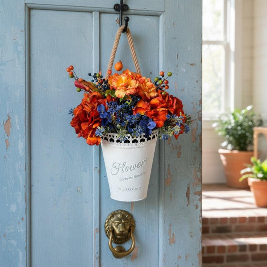 Handmade Fall Floral Arrangement | Burnt Orange, Navy Blue Farmhouse Tin Bucket