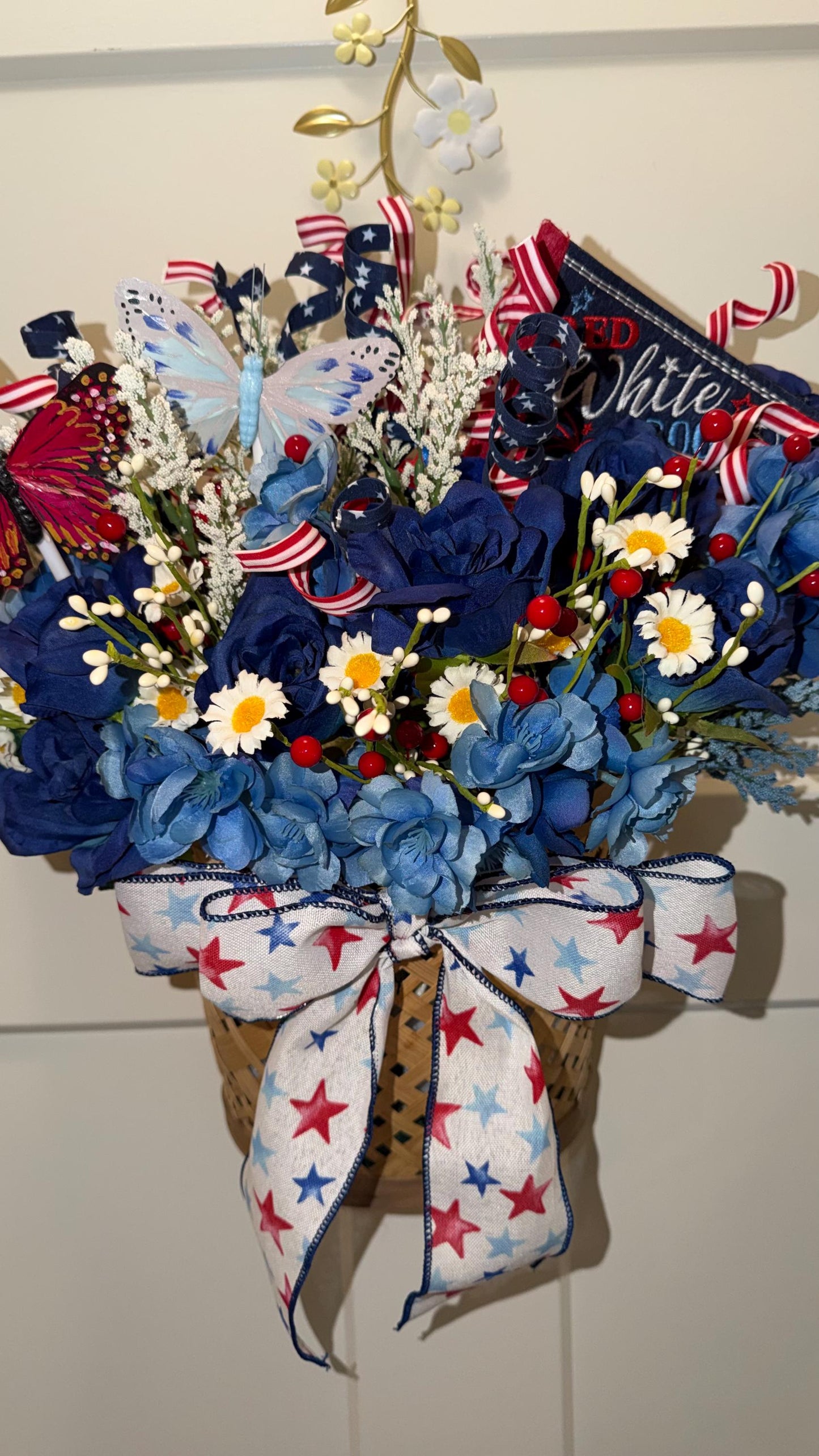 Patriotic Wall Pocket Hanging Basket | Red White & Blue Floral with Butterflies | Americana Door Decor