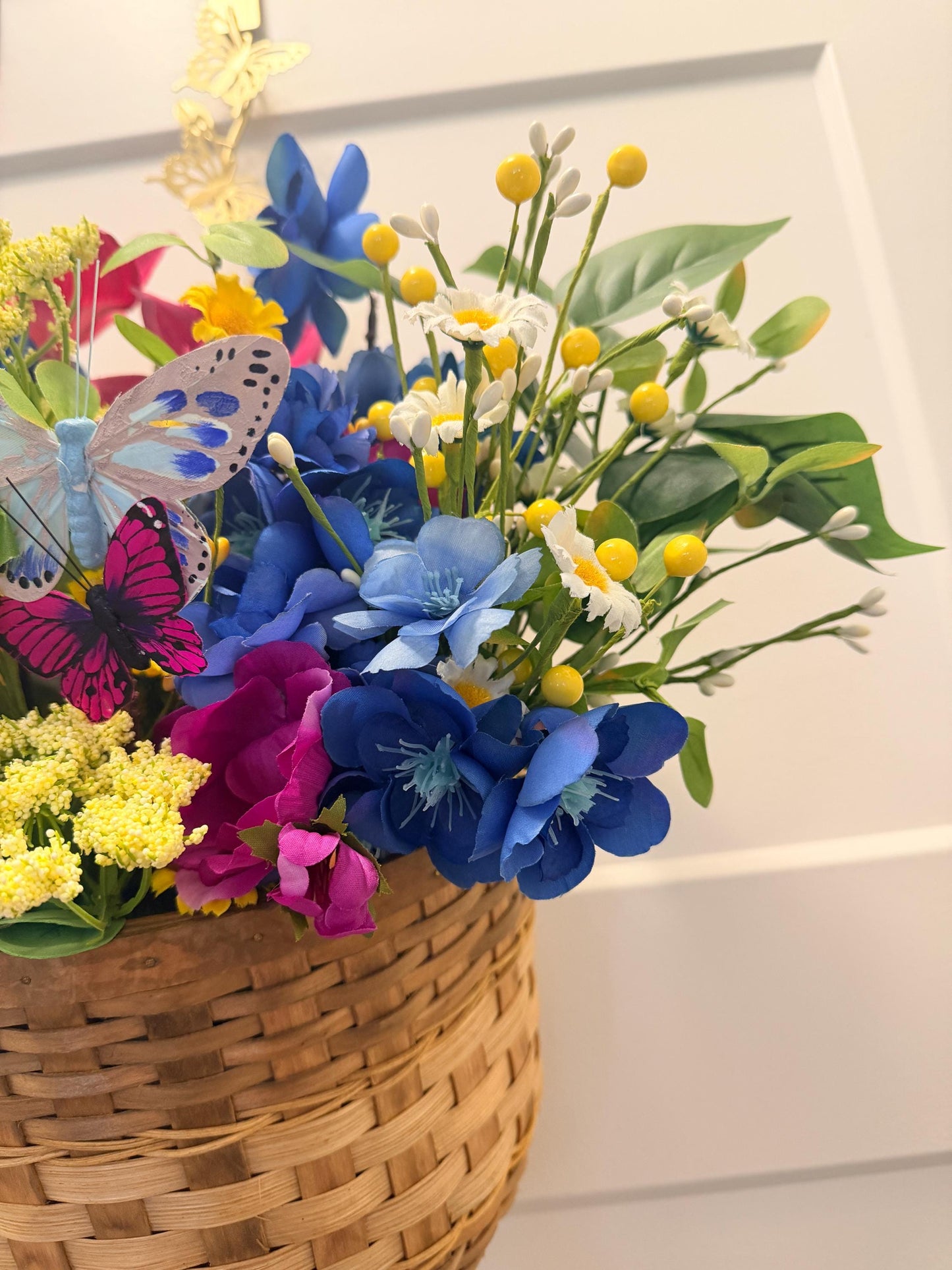 Wildflower Door Basket Arrangement | Blue Magenta Yellow Silk Flowers | Spring Summer Wreath Alternative | Hanging Wall Basket | Handmade