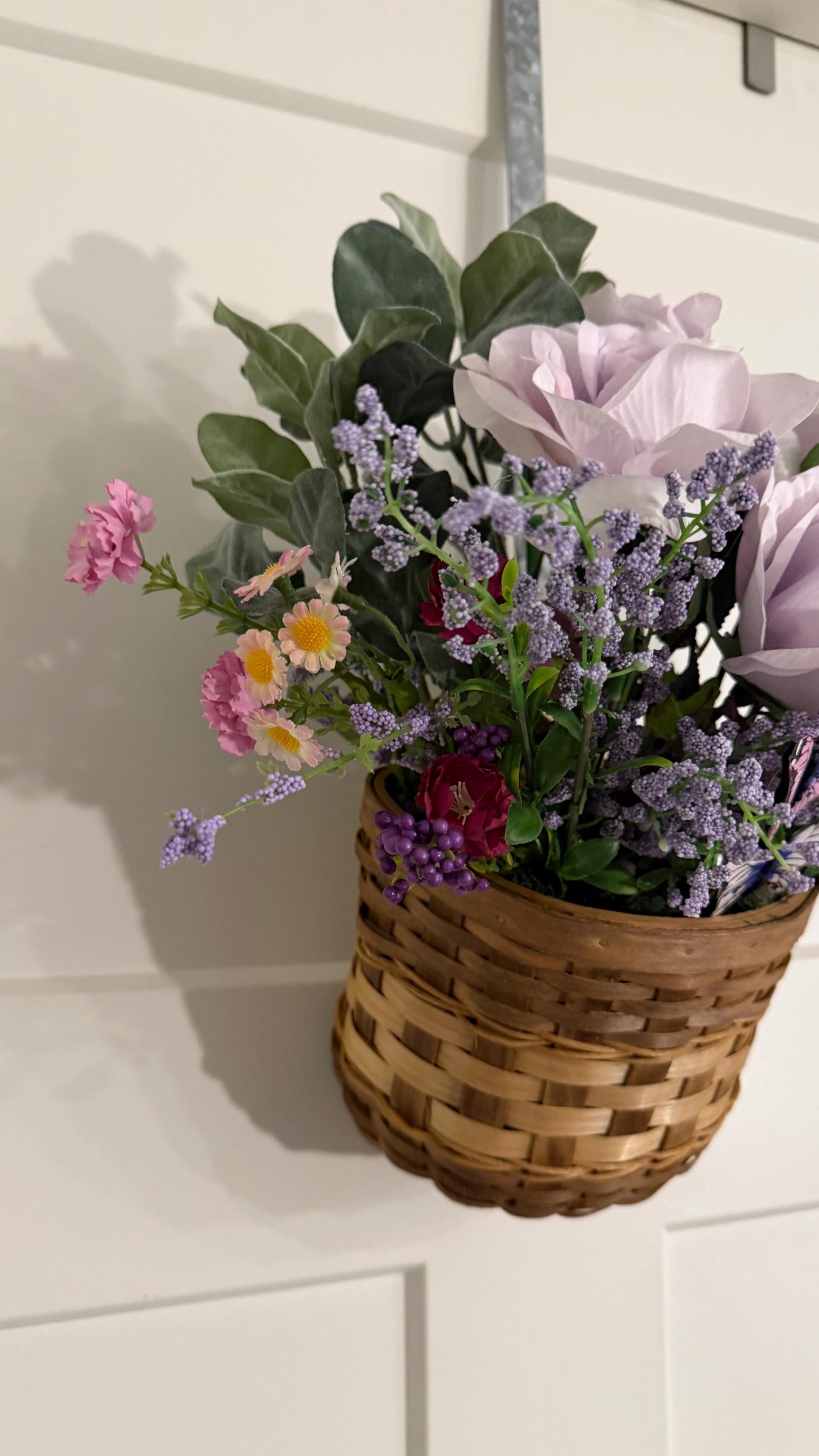 Handmade Lavender Rose & Butterfly Silk Floral Hanging Basket — Spring Door Décor