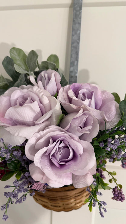 Handmade Lavender Rose & Butterfly Silk Floral Hanging Basket — Spring Door Décor