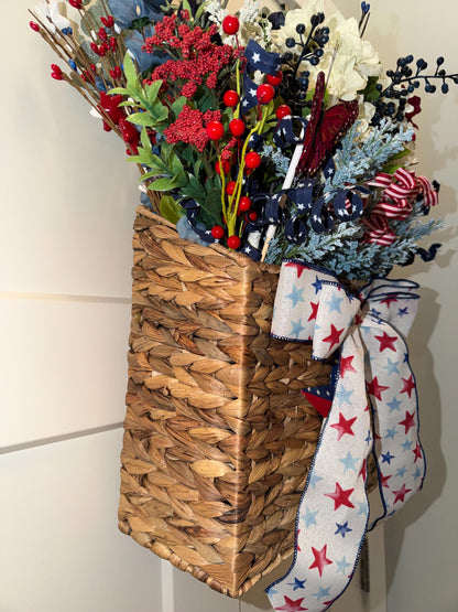 Handmade Patriotic Door Basket Wreath: Red White Blue Silk Floral Arrangement Americana Decor
